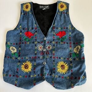 Vintage Agapo Denim Embroidered Sunflower‎ Vest Adjustable Tie Back Size 1X